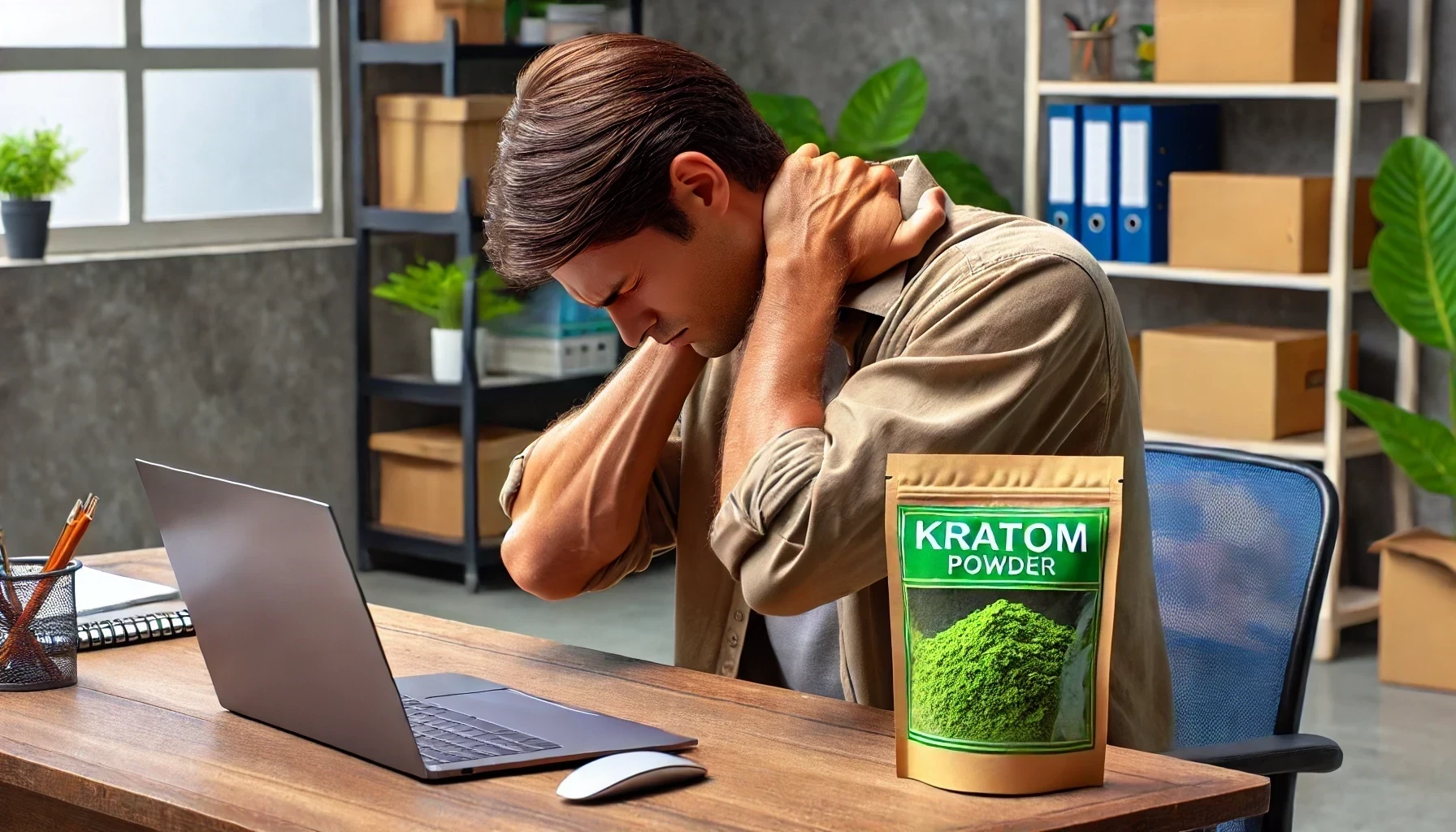 Using kratom for lowering physical tension as a man sitting at a desk is holding his neck and shoulders due to discomfort. A package of kratom powder in on the desk.