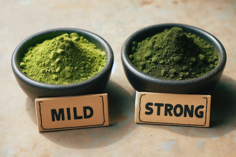 Two black bowls filled with mild and strong kratom, on a textured surface.