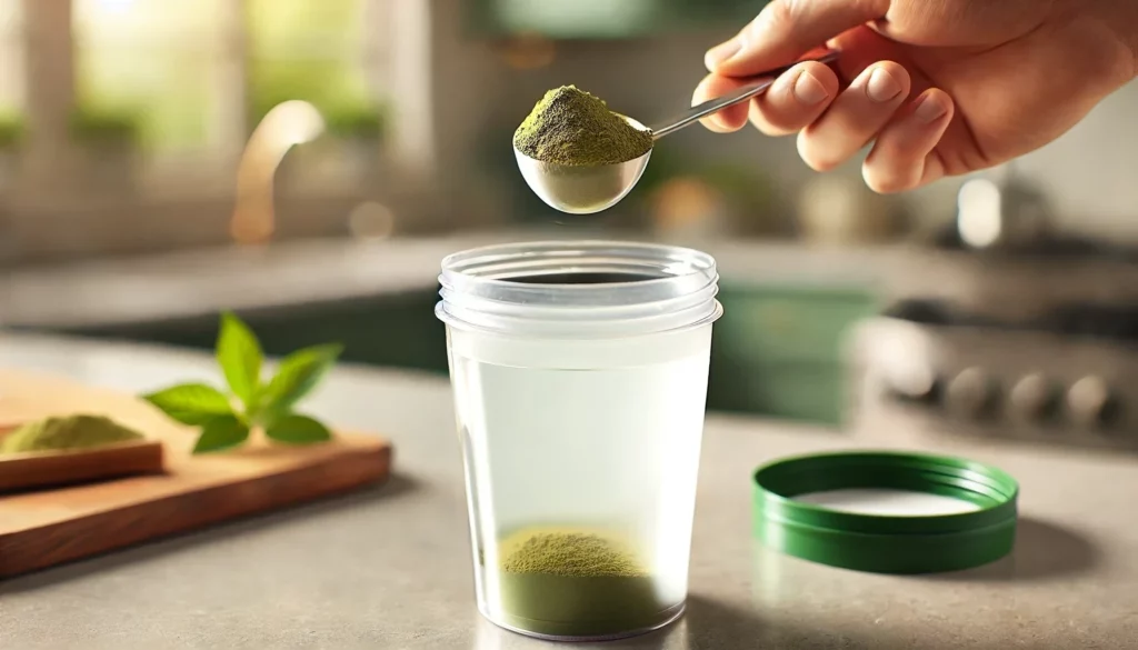A hand holding a metal scoop of finely ground green kratom powder over a clear shaker cup.