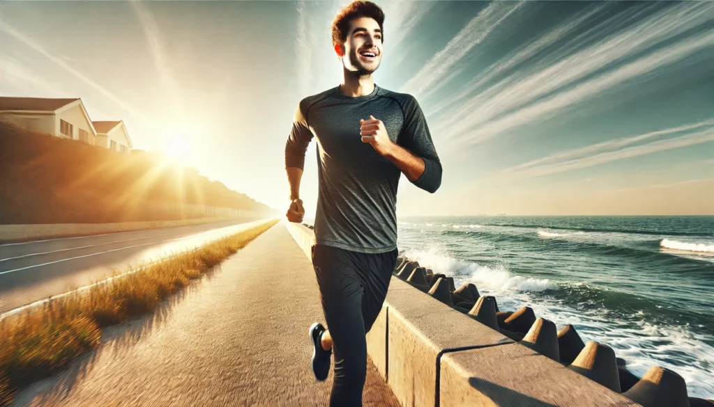 A young man jogs along a seawall beside the ocean on a sunny morning, wearing a black long-sleeved athletic shirt and matching running pants.