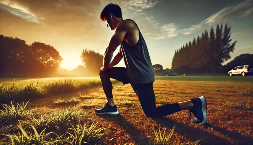 A fit young man in athletic wear kneels on one knee in a grassy field during sunrise, preparing to exercise.