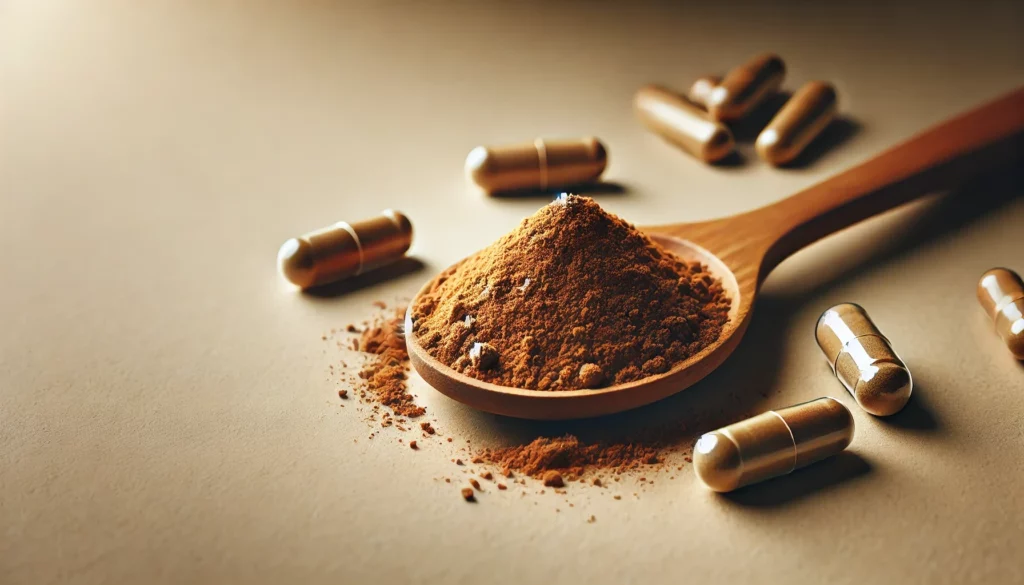 A wooden spoon filled with finely ground Mulungu bark powder sits on a neutral background, surrounded by capsules.