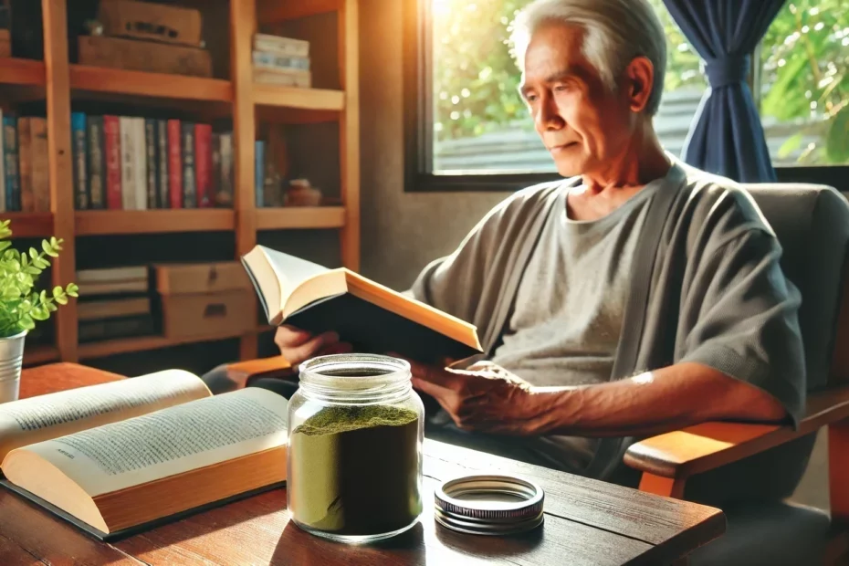An older gentleman sitting in a wooden chair near a window, reading about how different age groups experience kratom. A jar filled with green kratom rest on a wooden table in front of him.