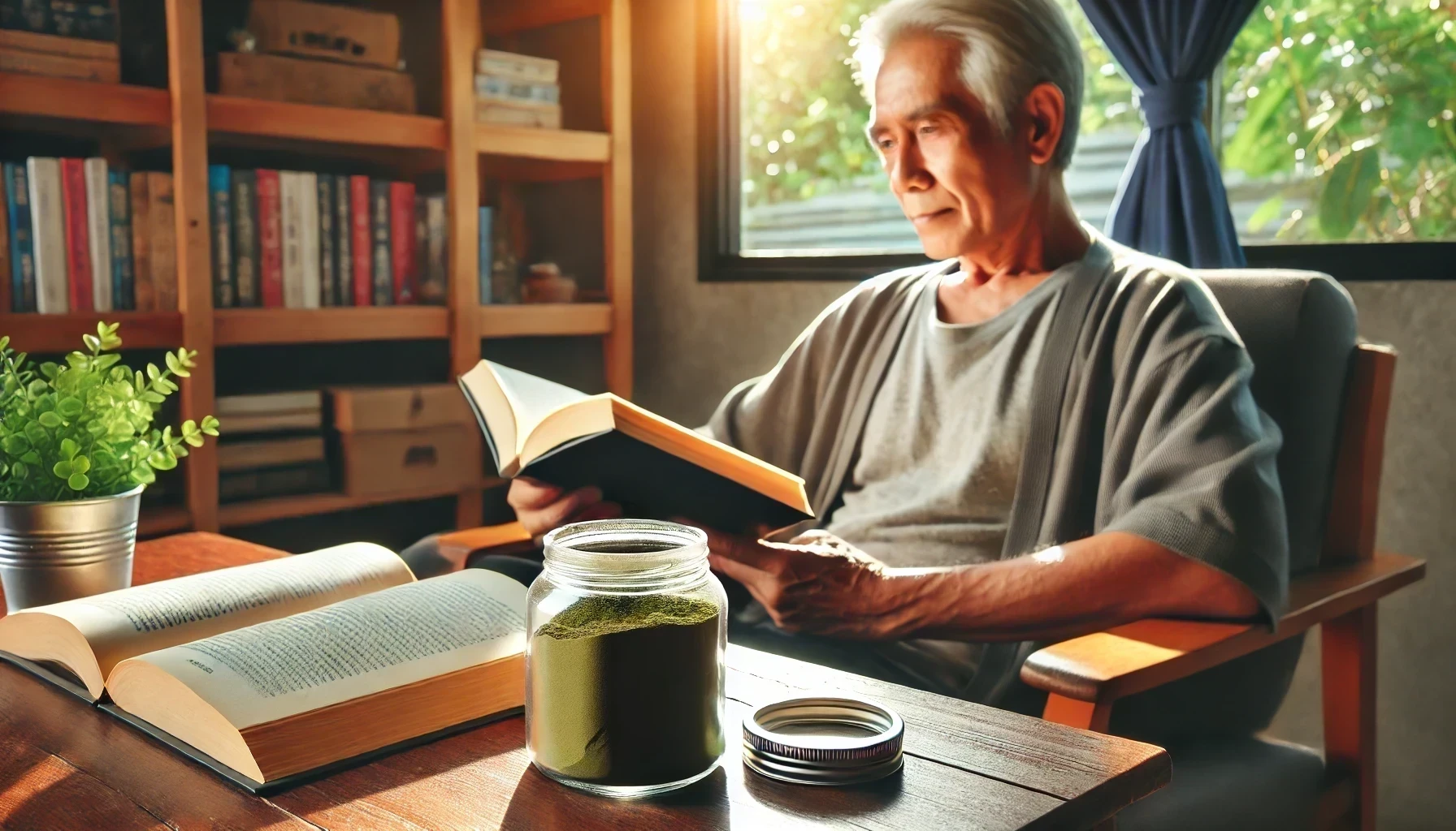 An older gentleman sitting in a wooden chair near a window, reading about how different age groups experience kratom. A jar filled with green kratom rest on a wooden table in front of him.