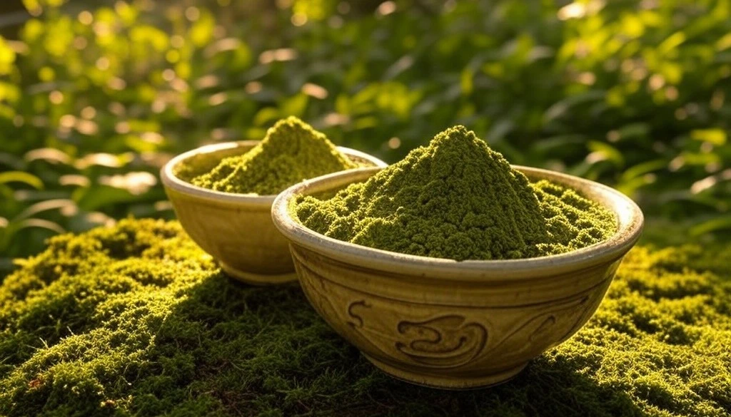 Two bowls of green kratom powder on moss in a lush garden