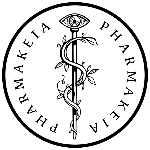 Pharmakeia logo showcasing an eye above a staff entwined with a vine.