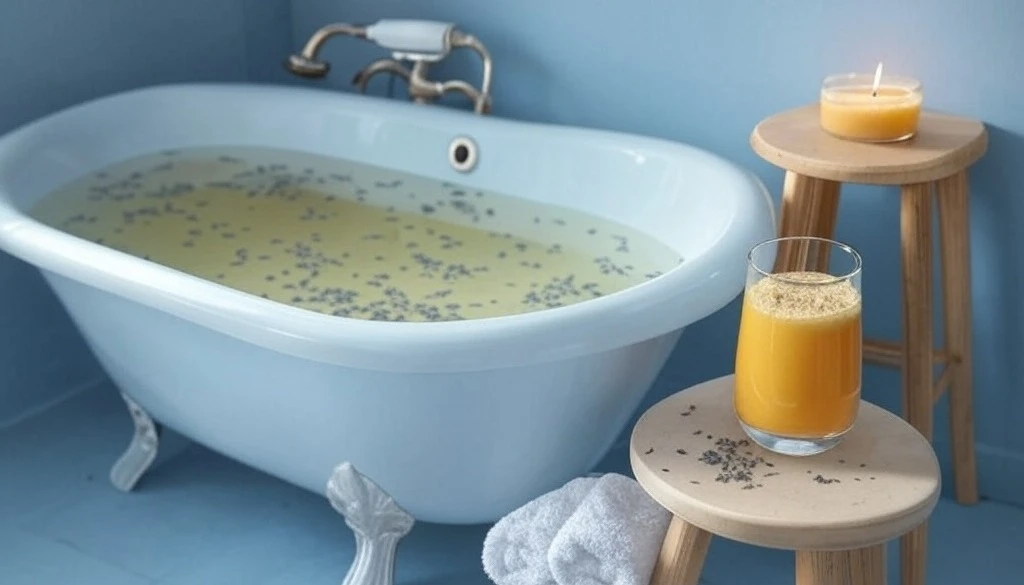 Clawfoot bathtub with lavender petals and orange juice mixed with kratom on wooden stools