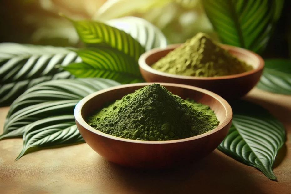 Two wooden bowls filled with Bali kratom vs Maeng Da, placed on a surface with fresh kratom leaves in the background.