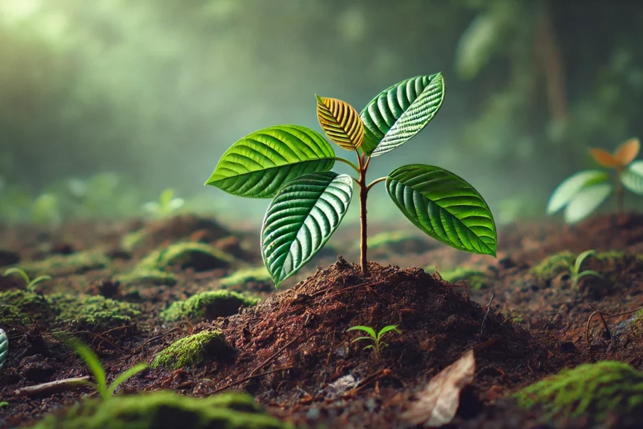 A young kratom tree growing in rich, fertile soil, improving the nutrition of kratom. Moss surrounds the tree in a misty environment,