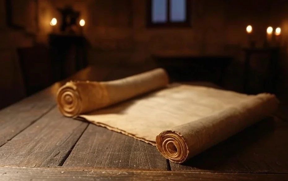 Ancient scrolls on a wooden table illuminated by candlelight highlighting plant medicines shaped modern medicine