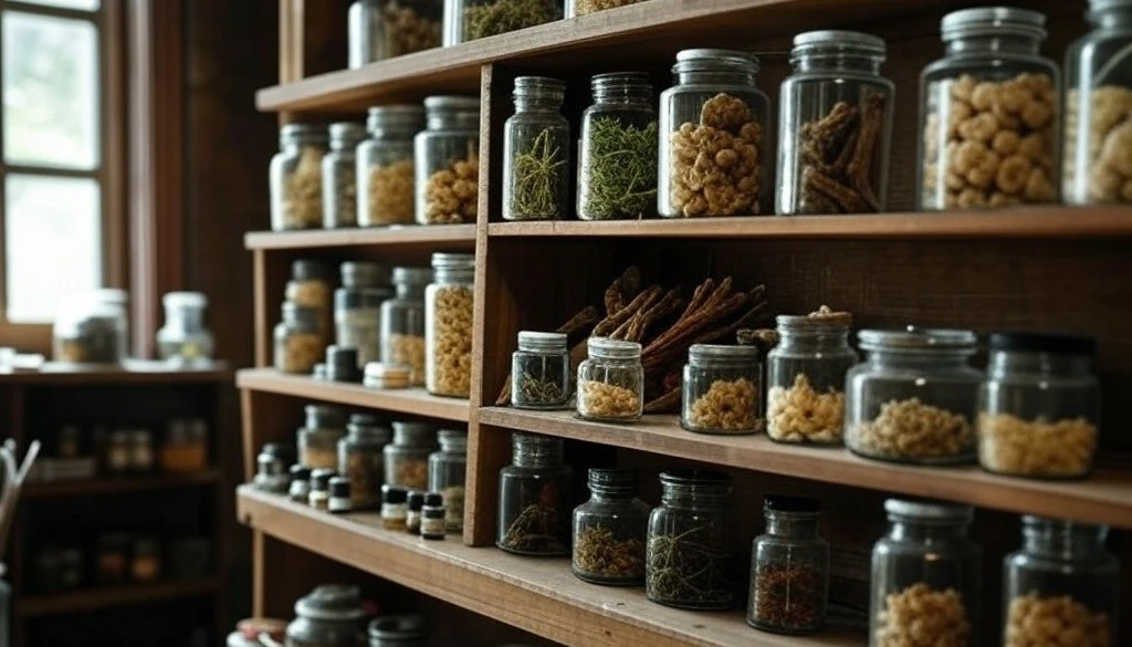 Wooden shelf with glass jars of dried herbs and roots in apothecary