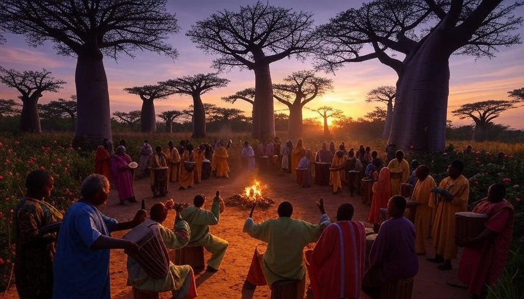 Group of people in traditional clothing gathered around a campfire with baobab trees at sunset.