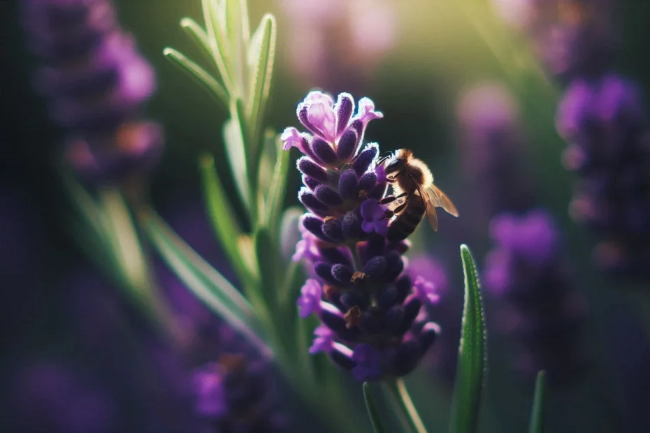 A honey bee on a lavender flower in soft sunlight, symbolizing plant medicines and pollinators