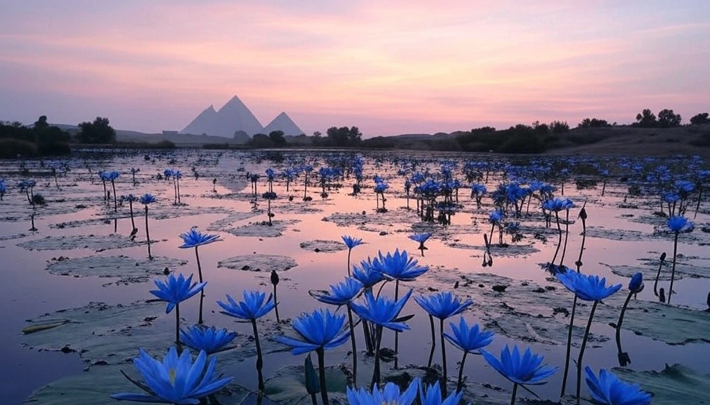 A tranquil lake filled with blue lotus flowers under a colourful sunset sky, with the iconic Egyptian pyramids faintly visible