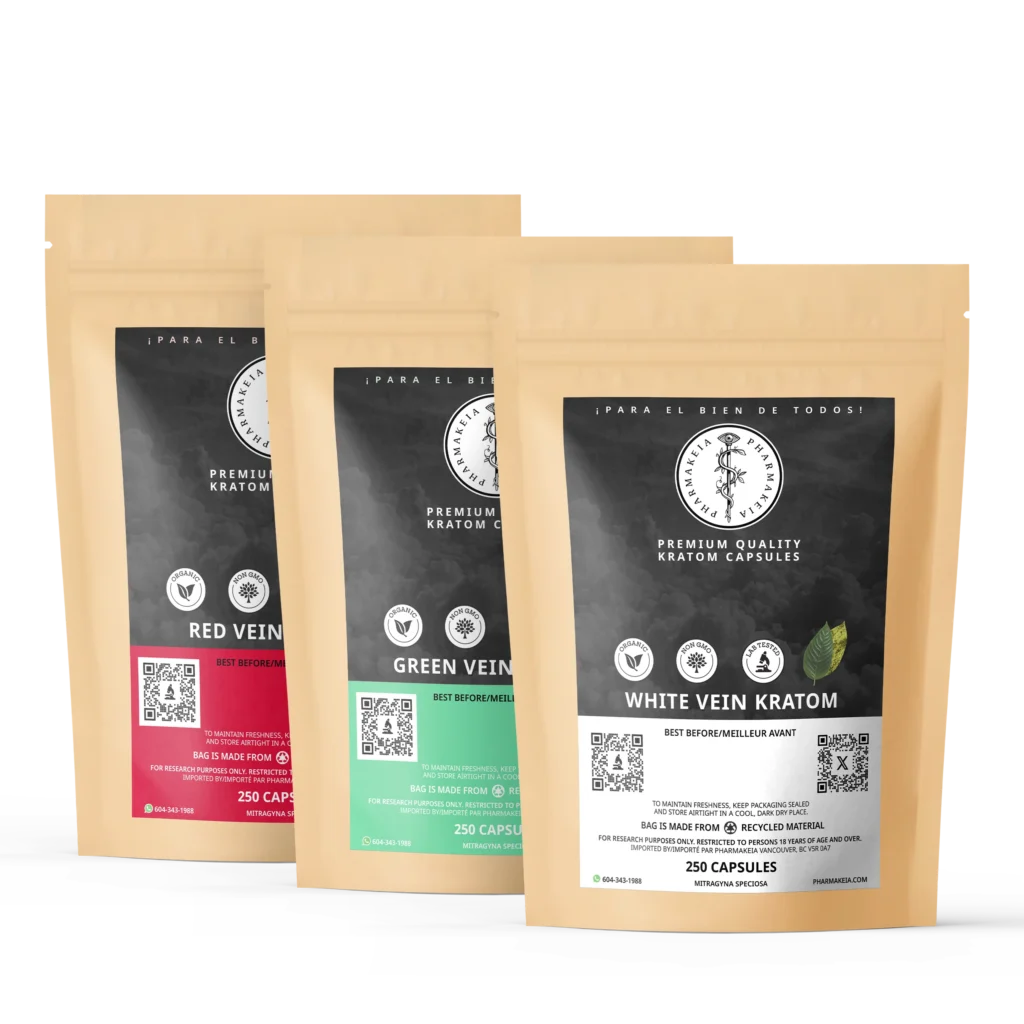 Pharmakeia's bundled kratom capsules of 250 count with a red vein, green vein and white vein capsule package together