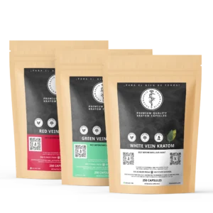 Pharmakeia's bundled kratom capsules of 250 count with a red vein, green vein and white vein capsule package together