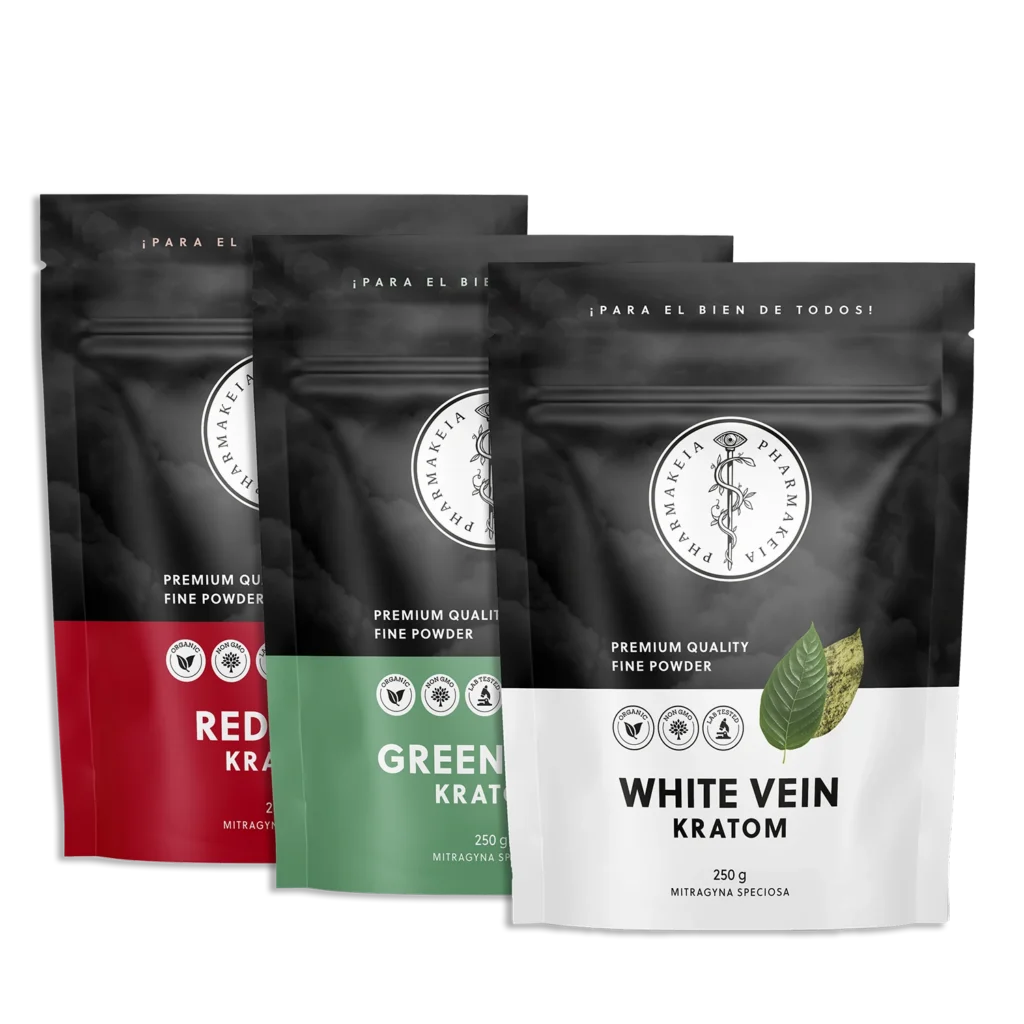 Front view of red, green and white vein kratom packages from Pharmakeia each featuring organic, lab tested and non-GMO certifications.
