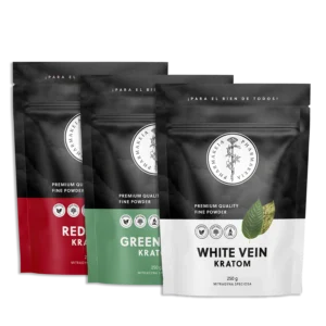 Front view of red, green and white vein kratom packages from Pharmakeia each featuring organic, lab tested and non-GMO certifications.