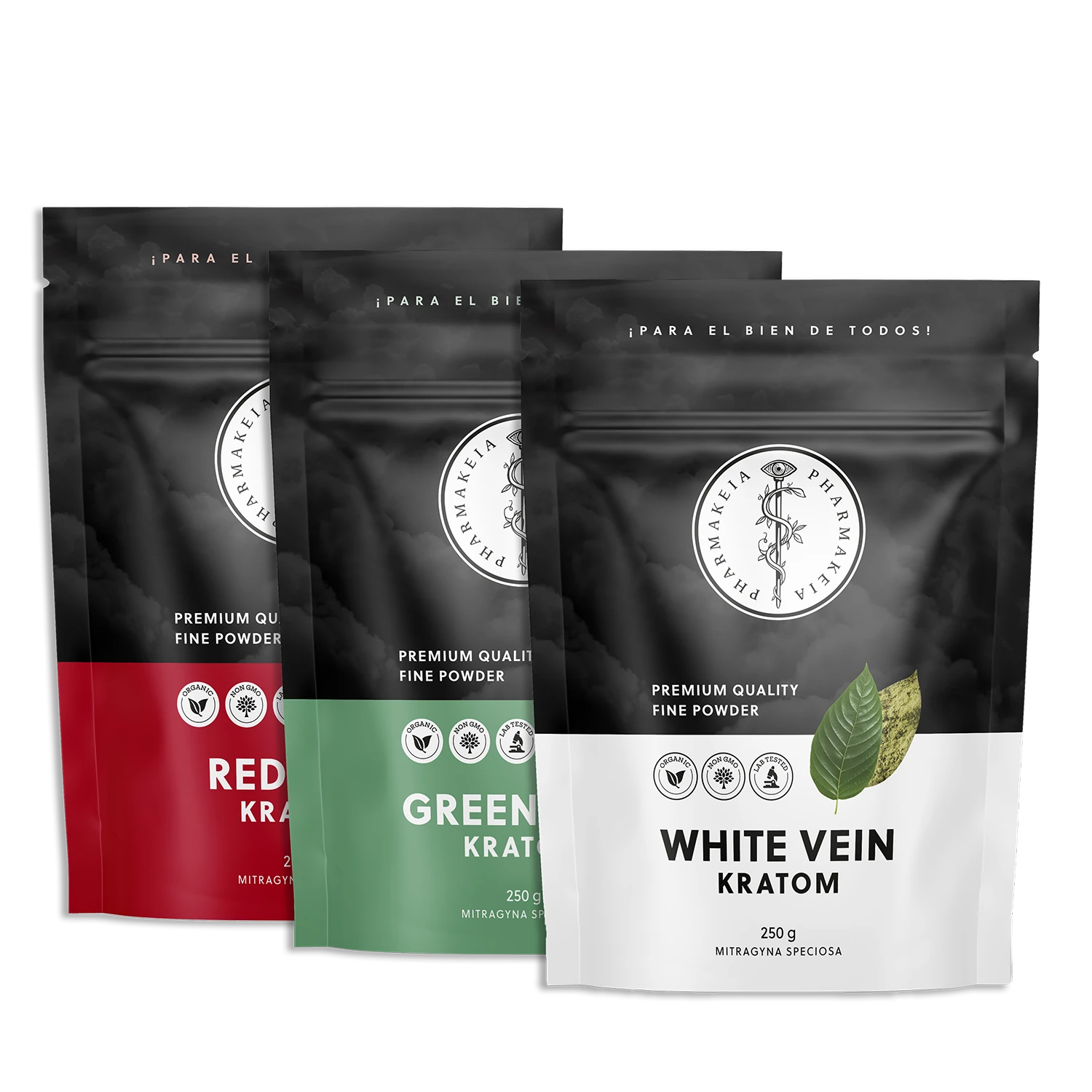 Front view of red, green and white vein kratom packages from Pharmakeia each featuring organic, lab tested and non-GMO certifications.