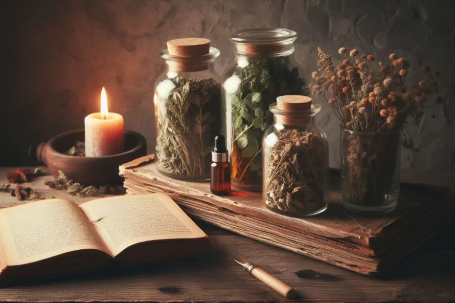 Candlelit wooden table with jars of antifungal plant medicines and an open book