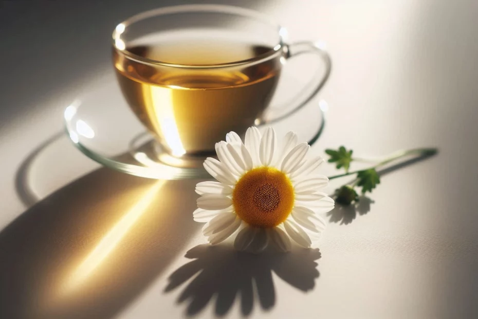 Glass cup of chamomile tea and flower on a light surface, depicting its role as herbal remedies for anxiety