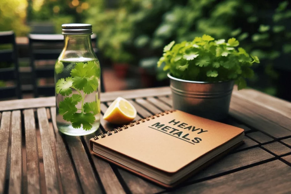 Table with a glass bottle of cilantro water, a lemon wedge and a notebook symbolizing plant medicines that combat heavy metal toxicity