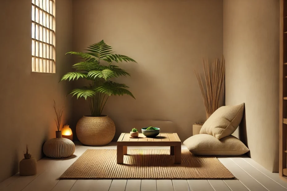 A small room with a wooden table, floor cushions, and lush green plants. An ideal place for set and setting.