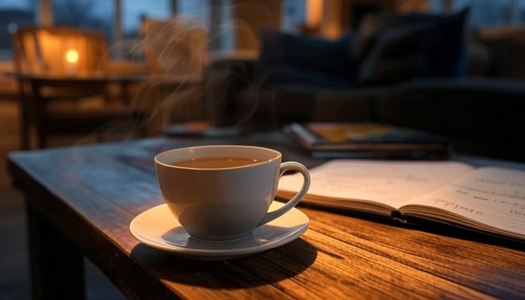 Steaming cup of tea on a wooden table with an open book in a cozy room.