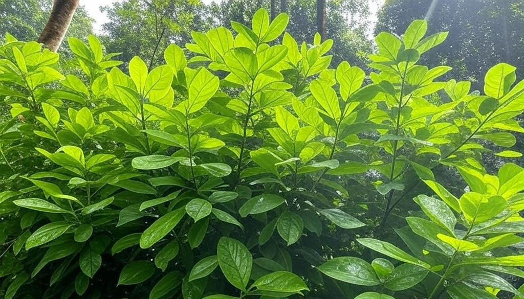 Lush green shrub of kratom leaves in a forest