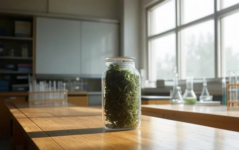 Plant-based remedies and epigenetics in a lab with a glass jar filled with botanicals on a wooden lab table near scientific equipment.