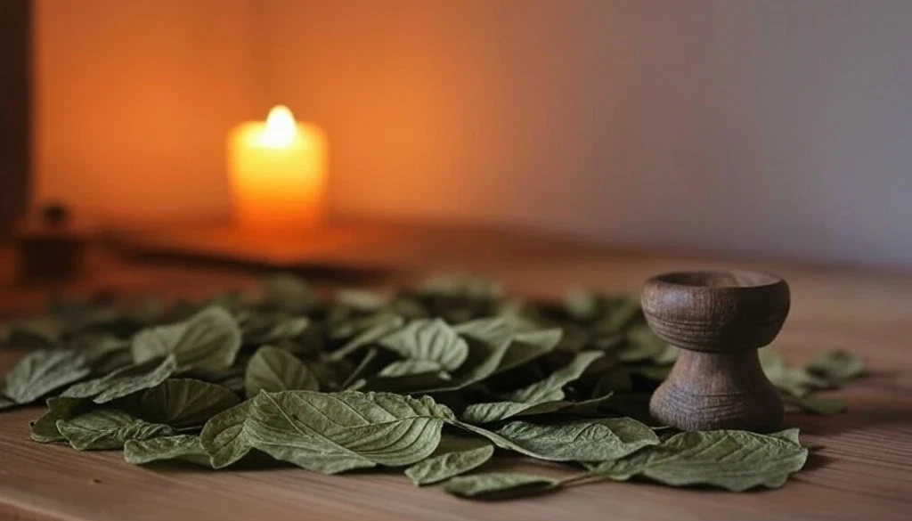Dried leaves with a lit candle and a small wooden mortar on a table
