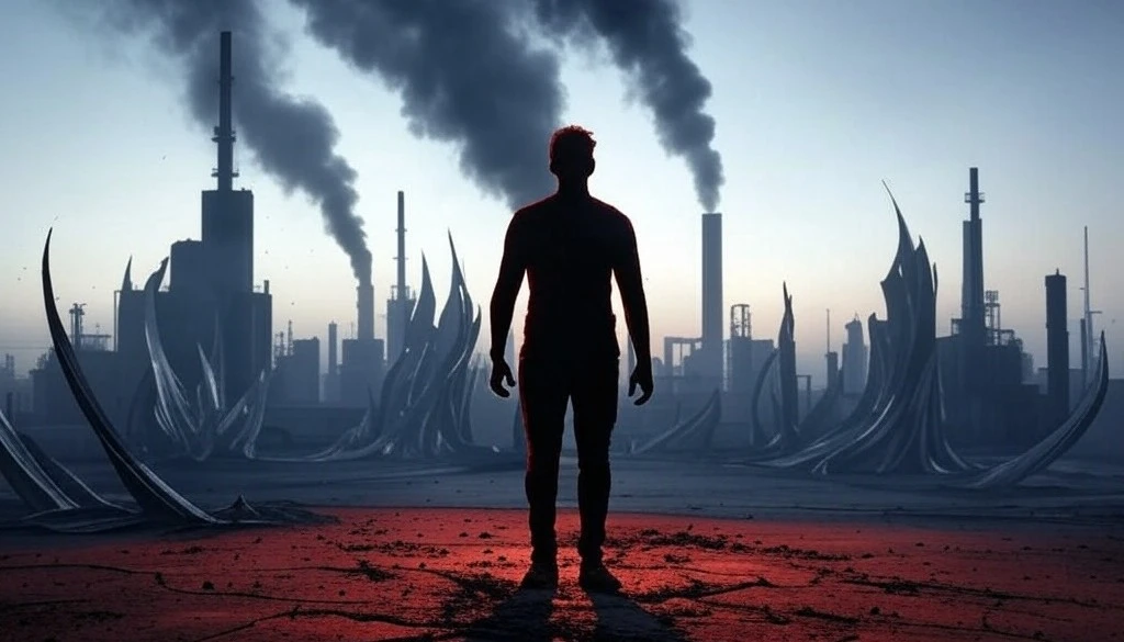 Silhouette of a person standing before a dystopian cityscape with smoking industrial chimneys.