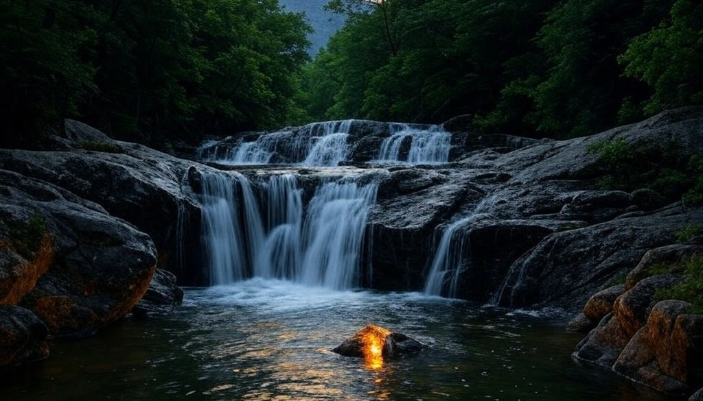 A multi-tiered waterfall flowing into a tranquil pool with a glow of orange on a rock, surrounded by dense forest scenery.