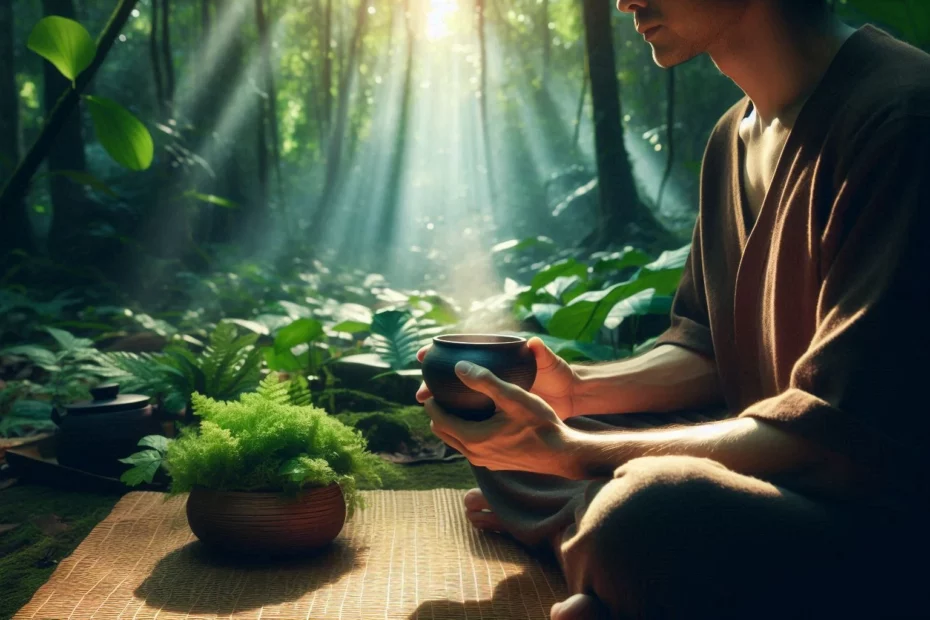A person setting an intention in plant medicine while holding a cup in a forest with sunlight streaming through trees