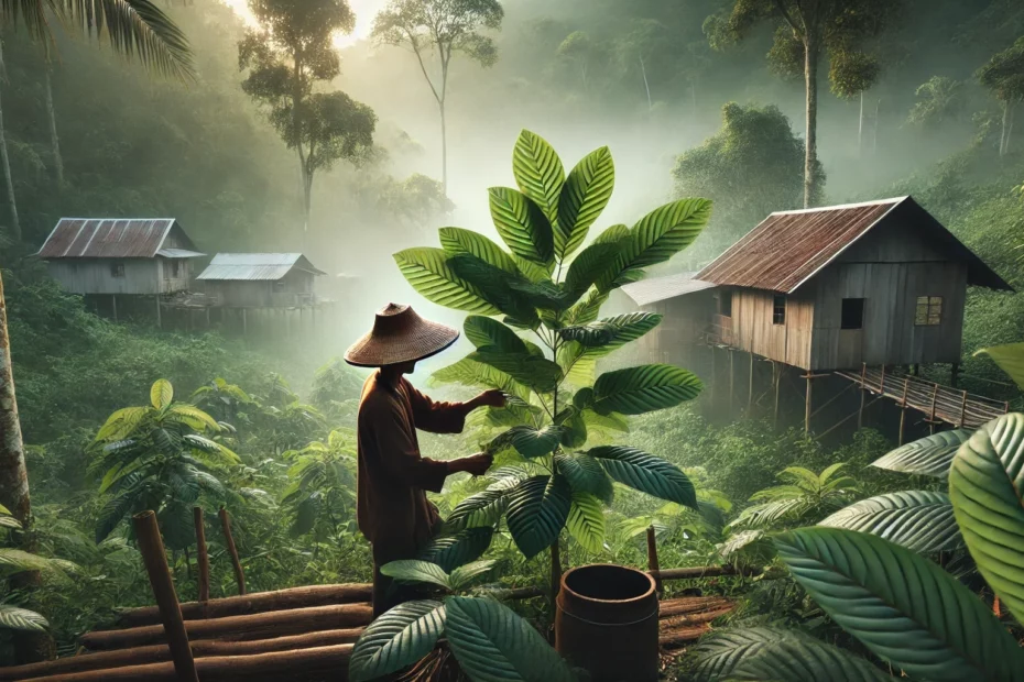 Kratom in Southeast Asia with a farmer harvesting kratom leaves in a lush tropical village.