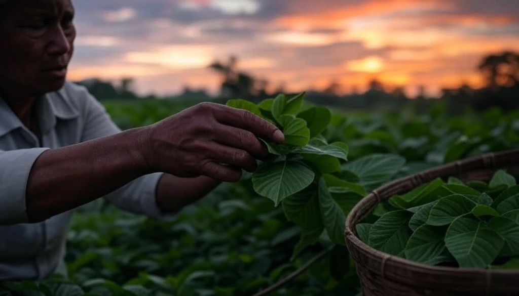 Farmer harvesting kratom leaves in a field at sunset with a woven basket nearby.