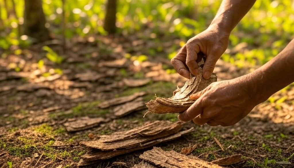 Hands peeling a layer of cinchona bark from a tree in a sunlit forest.