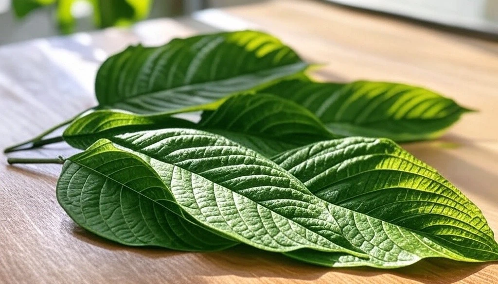 Several leaves of kratom with prominent veins resting on a wooden table.