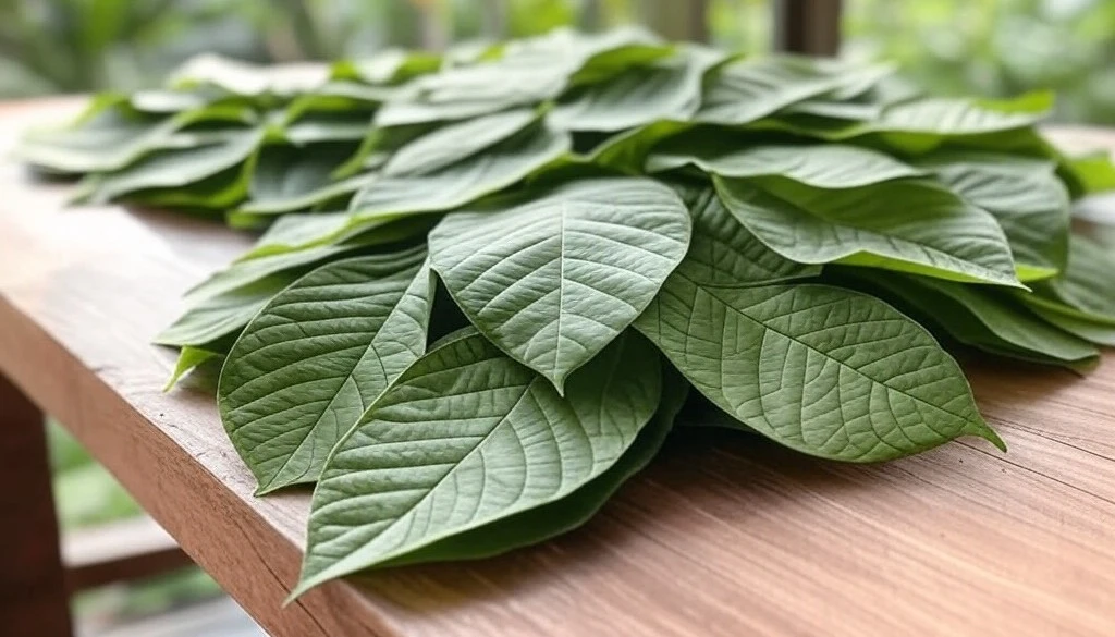 A pile of fresh green kratom leaves on a sturdy wooden table