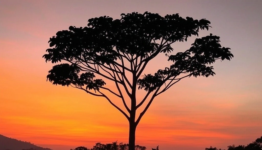 Silhouette of a kratom tree against an orange sunset sky
