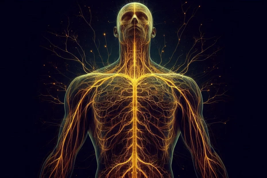 A human figure with a glowing nervous system in gold symbolizing plant medicine for the vagus nerve