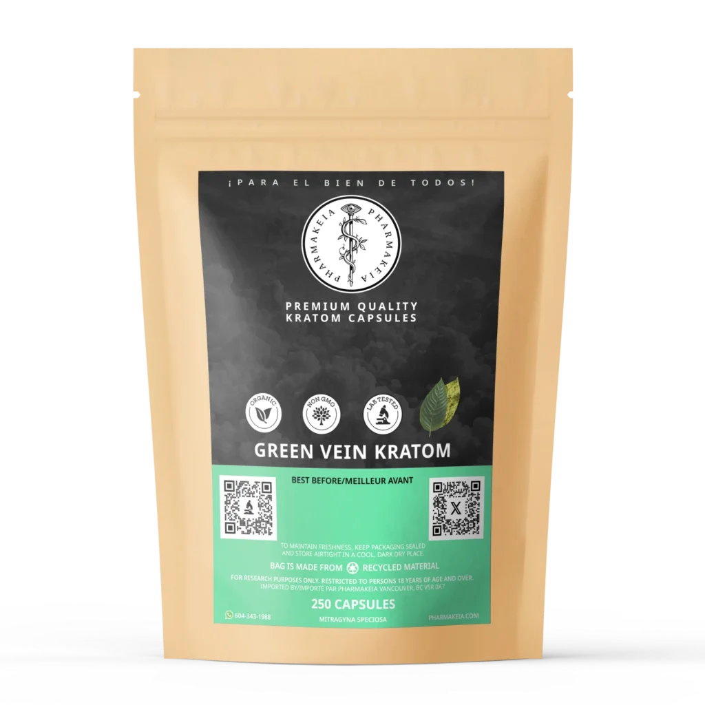 Kraft package of Pharmakeia's green vein kratom capsules in a 250 count