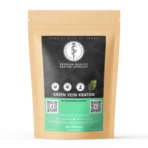 Kraft package of Pharmakeia's green vein kratom capsules in a 250 count