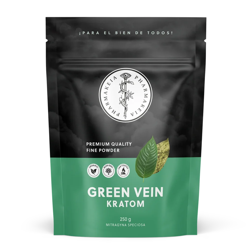 Front view of Pharmakeia's Green Vein Kratom packaging displaying the brand logo, certification badges for organic, non-GMO, and lab-tested quality.