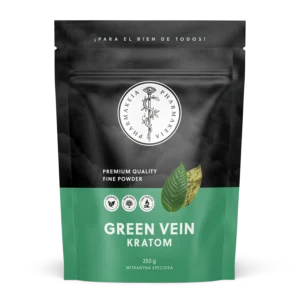 Front view of Pharmakeia's Green Vein Kratom packaging displaying the brand logo, certification badges for organic, non-GMO, and lab-tested quality.