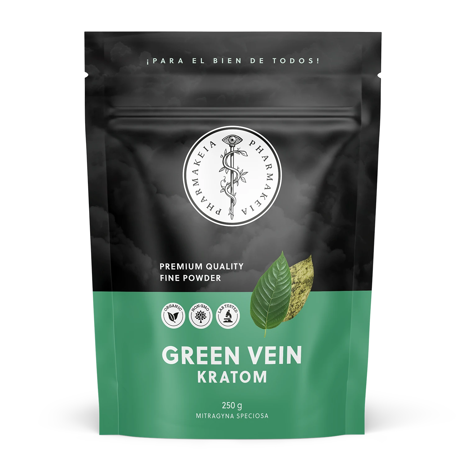 Front view of Pharmakeia's Green Vein Kratom packaging displaying the brand logo, certification badges for organic, non-GMO, and lab-tested quality.