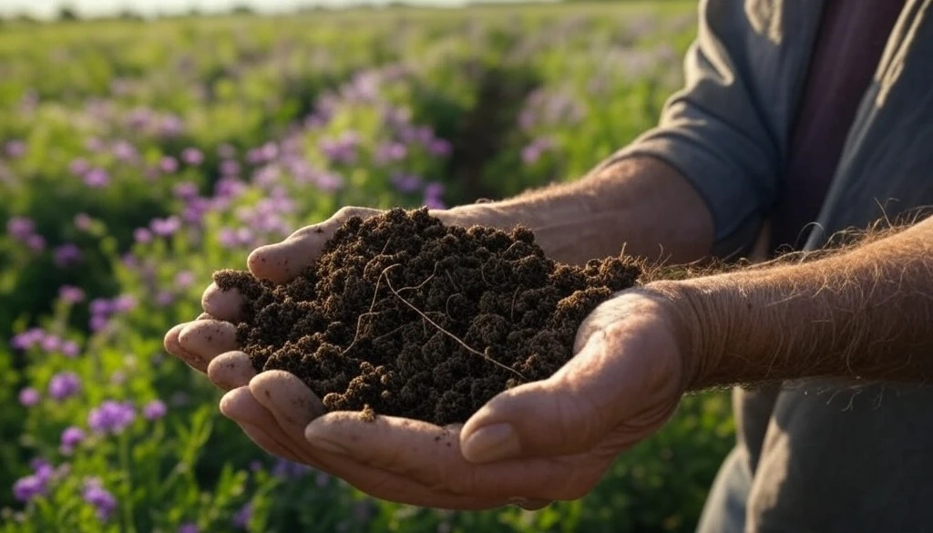 Hands holding fertile soil with purple flowers in the background