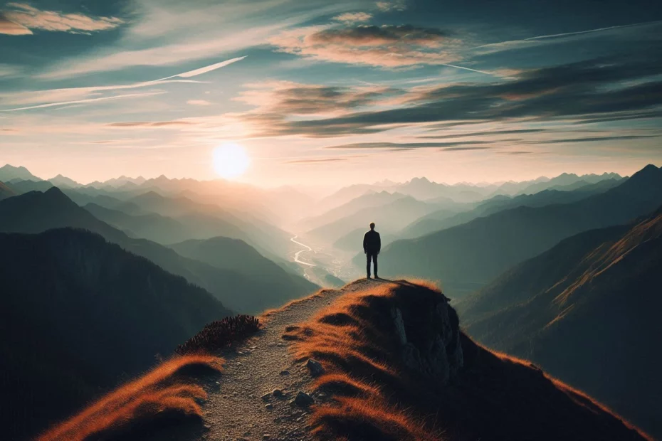 The psychology of kratom with a person standing on a mountain ridge at sunset