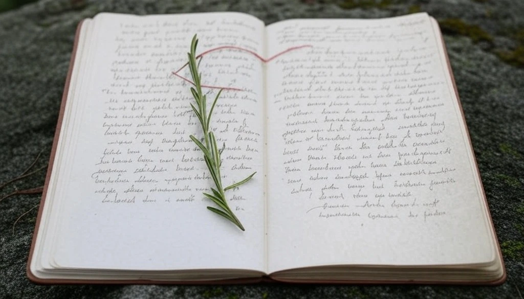 Open journal with handwritten text and a rosemary sprig on a rock