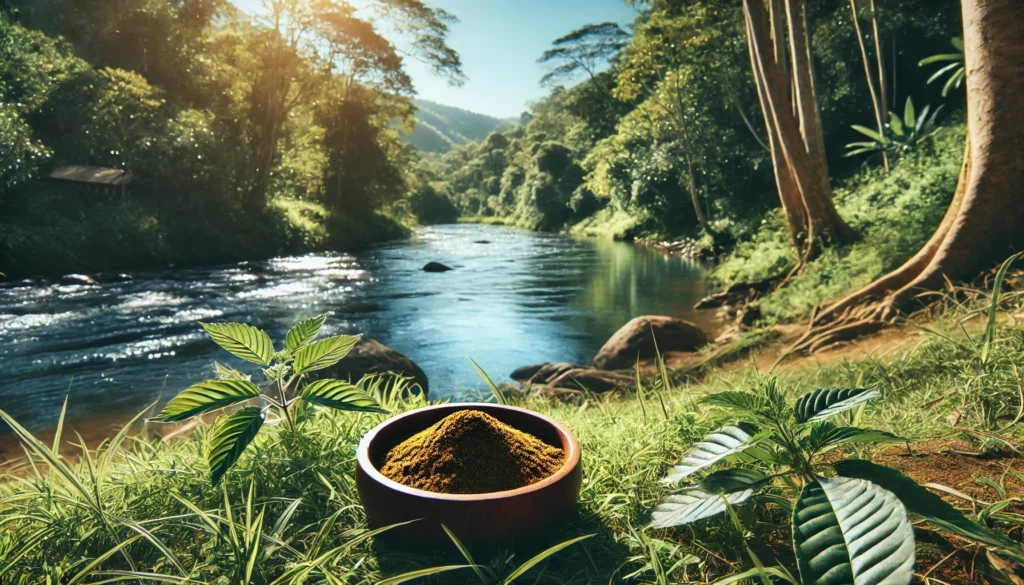 Wooden bowl of kratom powder near a serene river in a lush forest